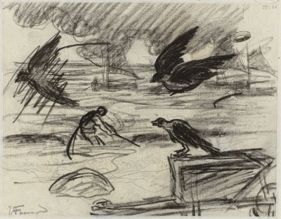 Vue de mer avec pêcheur, au premier plan une brouette avec des oiseaux - Jan Toorop