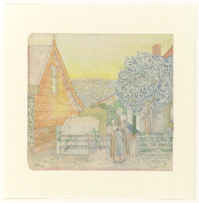Fille zélandaise tricotant dans une cour - Jan Toorop