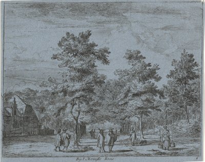 Figures marchant sur une allée bordée d