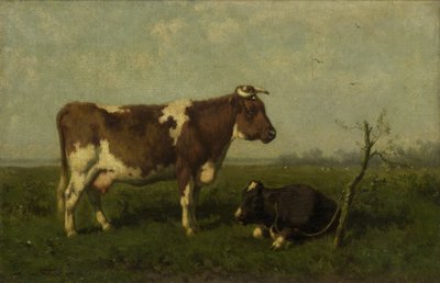 Une vache avec son veau dans un pré - Johannes Martinus Vrolijk
