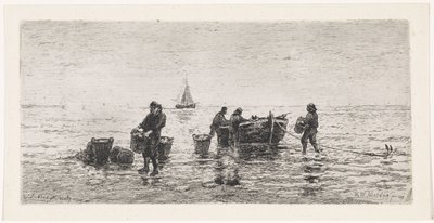 Pêcheurs déchargeant une barque sur la plage - Johannes Martinus Vrolijk