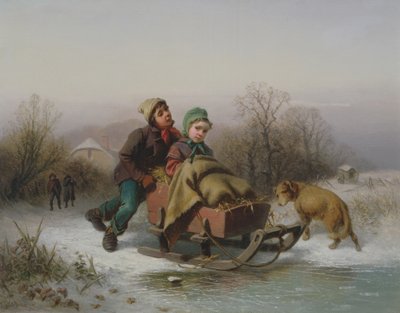 Un garçon poussant une jeune fille sur une luge - Jan Walraven
