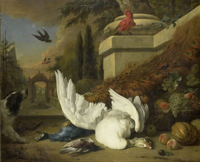 Un chien avec une oie morte et un paon (étude de gibier et de fruits) - Jan Baptist Weenix