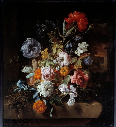 Bouquet de fleurs déposé sur un banc de pierre - Jan Baptist Weenix