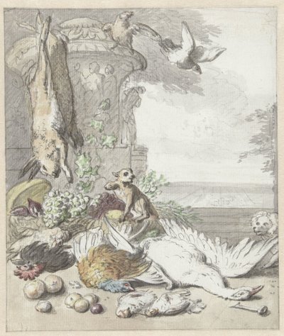 Gibier mort, un singe, un chien et quelques oiseaux - Jan Baptist Weenix