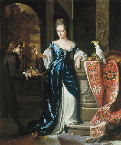 Portrait de Lodewina Schey en robe bleue, avec un assistant portant des fleurs - Jan Baptist Weenix