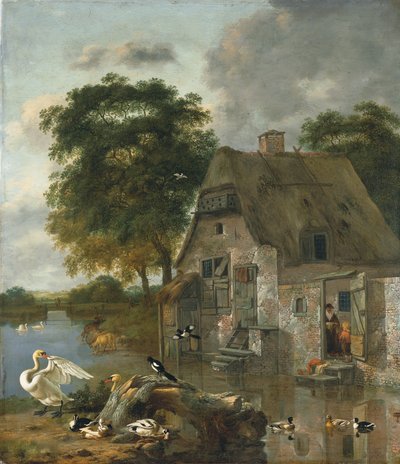 Cygnes, canards et autres oiseaux devant un cottage au bord de l