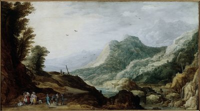 Paysage de montagne avec une famille de paysans au bord de la route - Jan and Momper Joos de  Brueghel