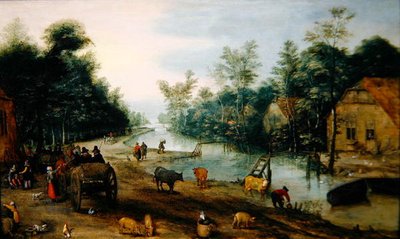 Paysage fluvial boisé en été avec des voyageurs arrivant à une auberge - Jan the Elder (circle of) Brueghel
