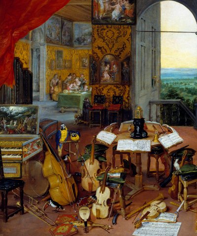 Détail représentant des instruments de musique (violoncelle, violon, luth, flûte, clavecin). Peinture de Jan Breugel l