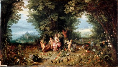 Les quatre éléments : La Terre. Allégorie. Vue du Paradis terrestre avec fruits, légumes, fleurs et animaux (y compris cochon d