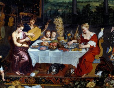 Le goût. Détail représentant un repas de fruits de mer, volaille en présence de musiciens - Jan the Elder Brueghel