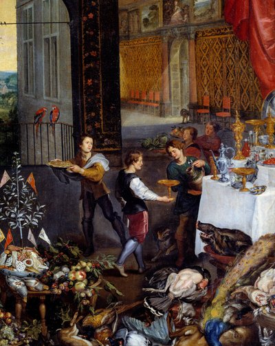 Le goût. Détail représentant les serviteurs apportant les plats de gibier, volaille à un banquet - Jan the Elder Brueghel