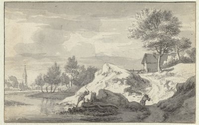 Paysage avec des personnages coupant du bois sur les rives d