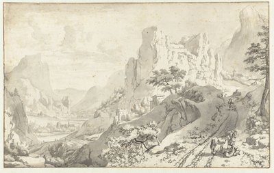 Paysage de montagne avec voyageurs sur une route - Jan van Aken