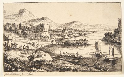 Paysage fluvial avec voyageurs, à droite une péniche et deux barques à voile - Jan van Almeloveen