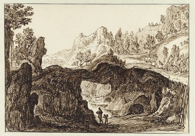 Paysage montagneux rocheux avec deux voyageurs au premier plan - Jan van Almeloveen