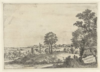 Paysage avec deux hommes sur un chemin de sable et vue sur un village - Jan van Brosterhuyzen