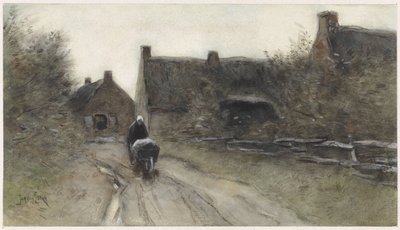 Vue de village avec femme et brouette - Jan van Essen