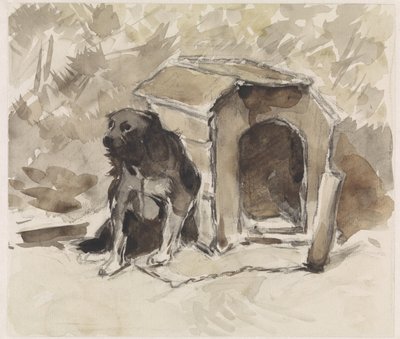 Chien, attaché, assis devant sa niche - Jan van Essen