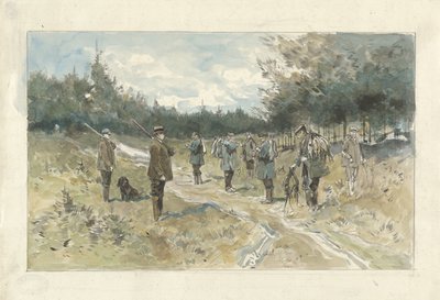 Paysage avec groupe de chasseurs après la chasse sur le Leusderhei - Jan van Essen