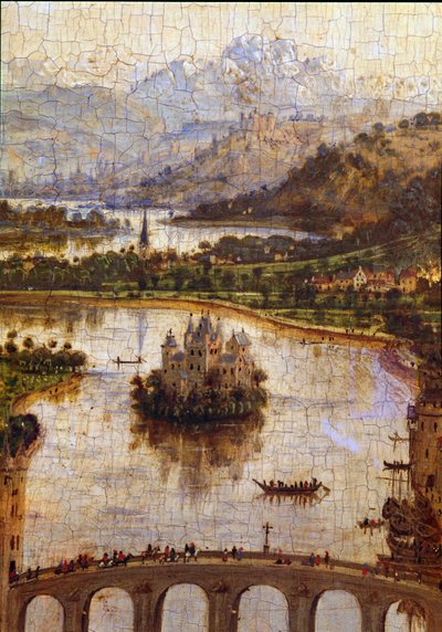 Paysage (détail) de « La Vierge du chancelier Rolin » Nicolas Rolin (1376-1461) était chancelier de Bourgogne sous Philippe le Bon et fondateur des Hospices de Beaune en 1443. Peinture de Jan van Eyck (1390-1441) - Jan van Eyck