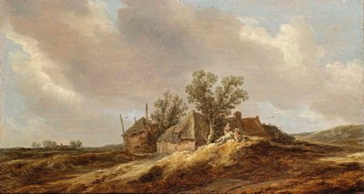 Un vaste paysage de dunes avec des paysans se reposant devant une ferme. - Jan van Goyen