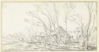Paysage avec arbres tordus et dénudés devant des fermes - Jan van Goyen