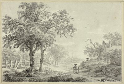 Homme et garçon marchant sur une route de village - Jan van Goyen