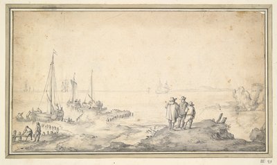 Trois figures sur une dune surplombant une baie avec des navires - Jan van Goyen