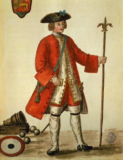 Un artilleur de la marine vénitienne en uniforme, extrait de Les costumes des Vénitiens par Giovanni di Grevembroch - Jan van Grevenbroeck