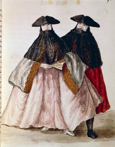 Personnages de carnaval à Venise, illustration du livre illustré des costumes vénitiens, par Jan Grevenbroeck (1731-1807), aquarelle, Italie - Jan van Grevenbroeck