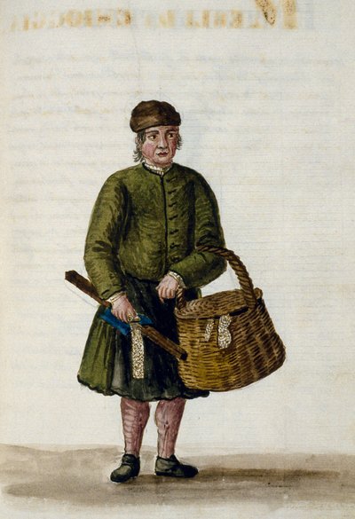 Vendeuse de dentelle de Chioggia, illustration du manuscrit des vêtements vénitiens, Volume IV, c 68, par Jan Grevenbroeck, aquarelle, Italie - Jan van Grevenbroeck