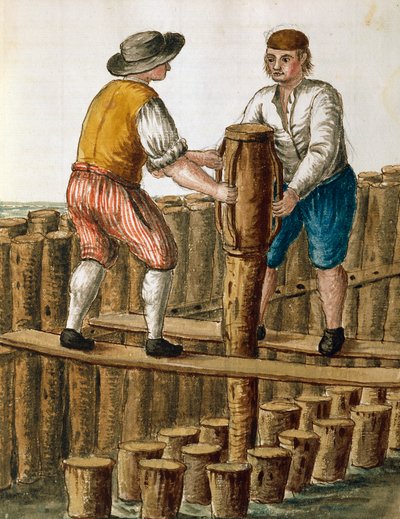Pose des fondations de la lagune vénitienne, illustration de Jan van Grevenbroeck (1731-1807) du manuscrit 