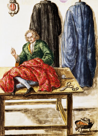 Atelier de tailleur, illustration de Jan van Grevenbroeck (1731-1807) du manuscrit Dress of Venetians - Jan van Grevenbroeck