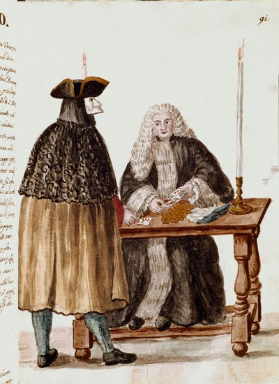 La salle de jeu : un personnage masqué devant le croupier tirant des cartes, des pièces sont collectées sur la table. Dessin à l
