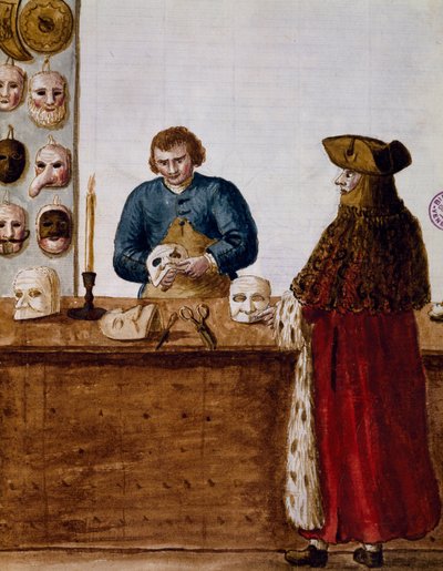 La boutique de masques, illustration du livre illustré des costumes vénitiens, Italie - Jan van Grevenbroeck