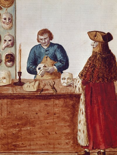 La boutique de masques du Carnaval de Venise : un personnage masqué vient chercher un masque chez l