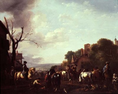 Cavaliers et voyageurs arrêtés dans un village - Jan van Huchtenburgh