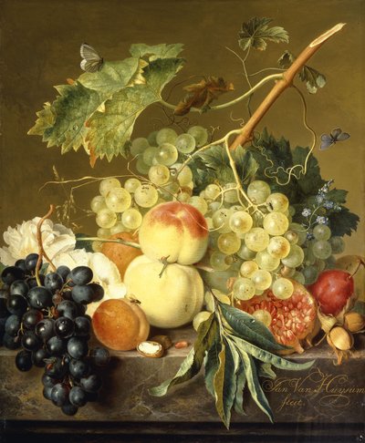 Fruits, Noisettes et Roses Trémières sur un Rebord de Marbre - Jan van Huysum