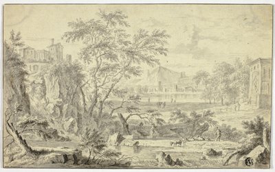 Paysage italianisant avec berger et troupeau près d