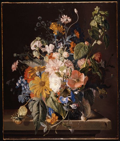 Coquelicots, roses trémières, gloire du matin, viola, marguerites, pois de senteur, soucis et autres fleurs dans un vase avec un escargot sur une corniche - Jan van Huysum