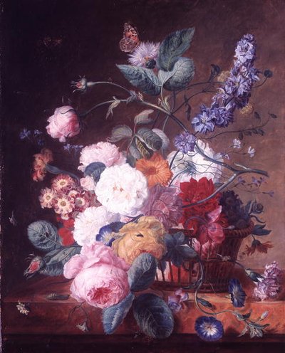 Roses, dahlia, delphinium et autres fleurs dans un panier sur un rebord de marbre - Jan van Huysum