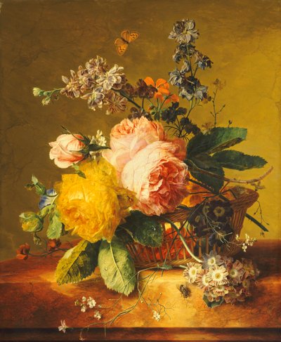 Roses et autres fleurs dans un panier sur une corniche en marbre, vers 1742 - Jan van Huysum