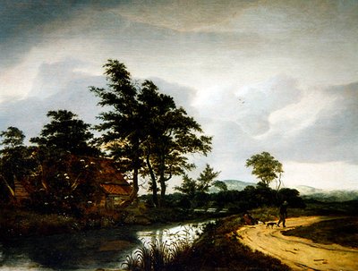 Paysage Fluvial avec une Chaumière, Deux Paysans et leur Chien - Jan van III Kessel