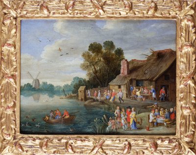 Paysage fluvial avec des gentilshommes à une auberge de village - Jan van Kessel