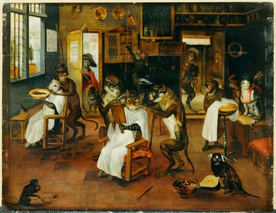Une singerie : Barbiers singes servant des chats - Jan van Kessel