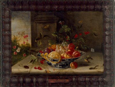 Composition de nature morte décorative avec un bol en porcelaine, des fruits et des insectes, milieu du XVIIe siècle - Jan van Kessel