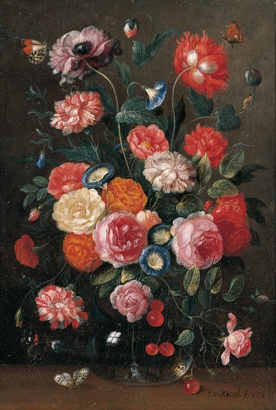 Roses, œillets, gloire du matin, un coquelicot et une branche de cerises dans un vase en verre, un mur brun, une pointe orange, un amiral rouge et un papillon magpie sur une table, 1676 - Jan van Kessel
