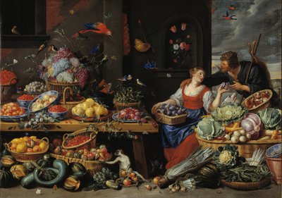Marché de fruits et légumes avec une jeune vendeuse de fruits - Jan van Kessel d.Æ.